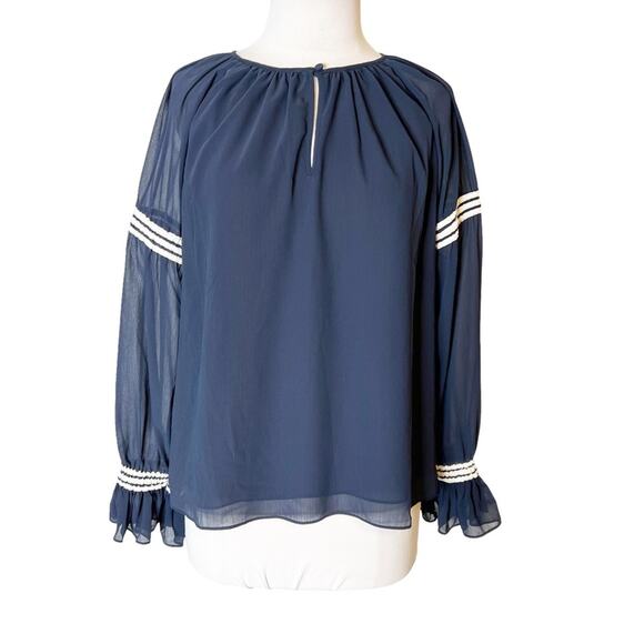 NWT J. CREW Flutter Cuff Crinkle Chiffon Top Blouse Peasant Navy Blue White sz M - Picture 7 of 8